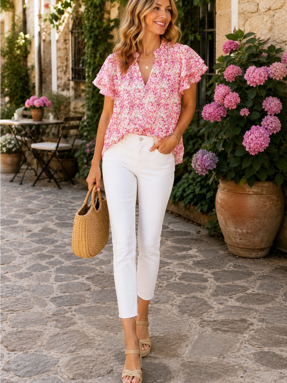 CeCe Pink Floral Ruffle Sleeve Blouse XS | Romantic Cottagecore Boho Feminine